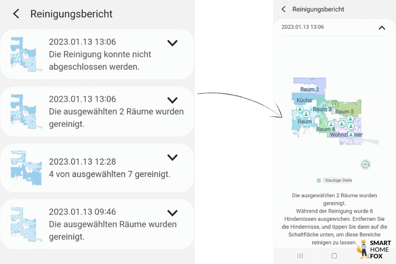 Eine Übersicht der vergangenen Reinigungsläufe des Samsung Jet Bot AI+ ist zu sehen.
